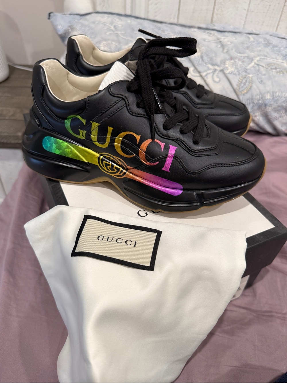 Gucci Black Leather Sneakers with Rainbow Logo